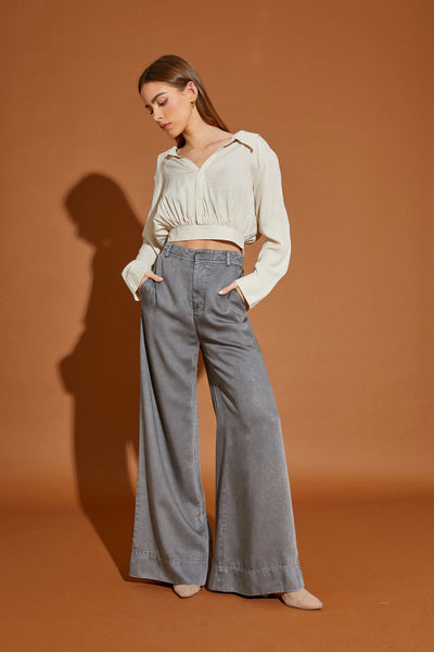 Double Button Wide Leg Pant in Shadow Dancer