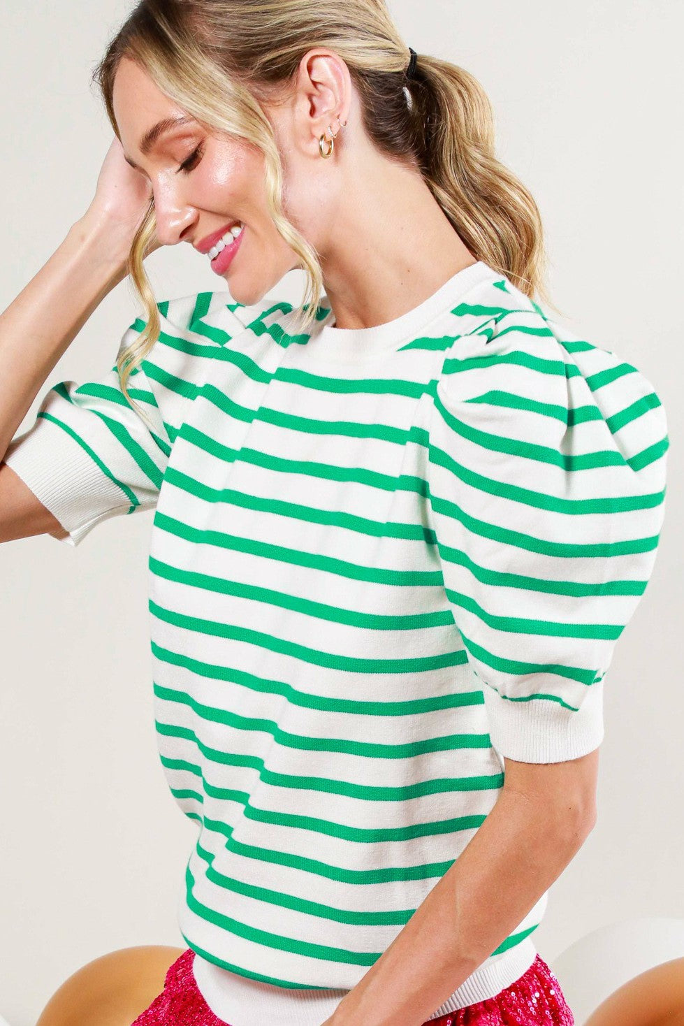 Sailor Striped Puff Sleeve Sweater in Green