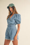 So Sweet Puff Sleeve Button Front Romper FINAL SALE