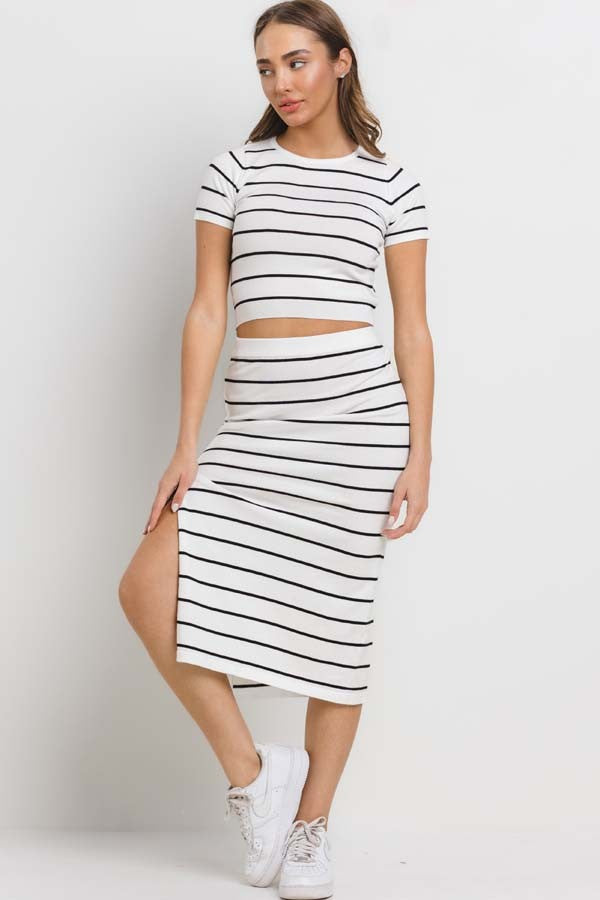 Earn Your Stripes Crop Top and Skirt Set in White