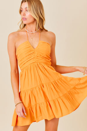 Never say Never Deep V Halter Mini Dress In Orange Crush