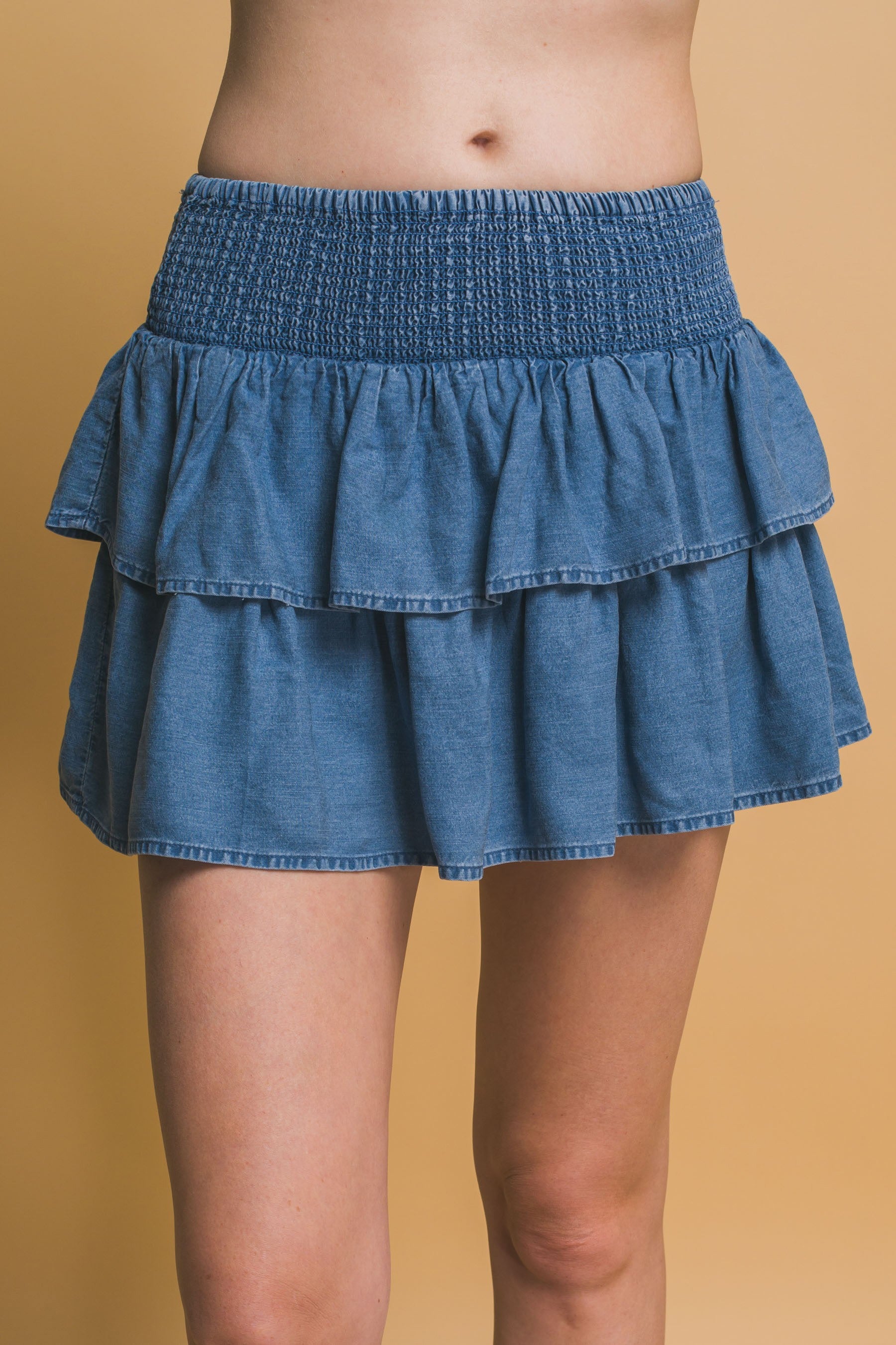 ★ GLOWNY★ AMELIA TIERED RUFFLE SKIRT DENIM GY24FASK001DM AMELIA TIERED RUFFLE SKIRT (COTTAGE BLUE) - GLOWNY