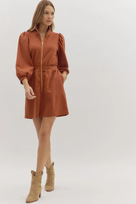 The City Zip Front Jersey Dress in Rust – katwalk