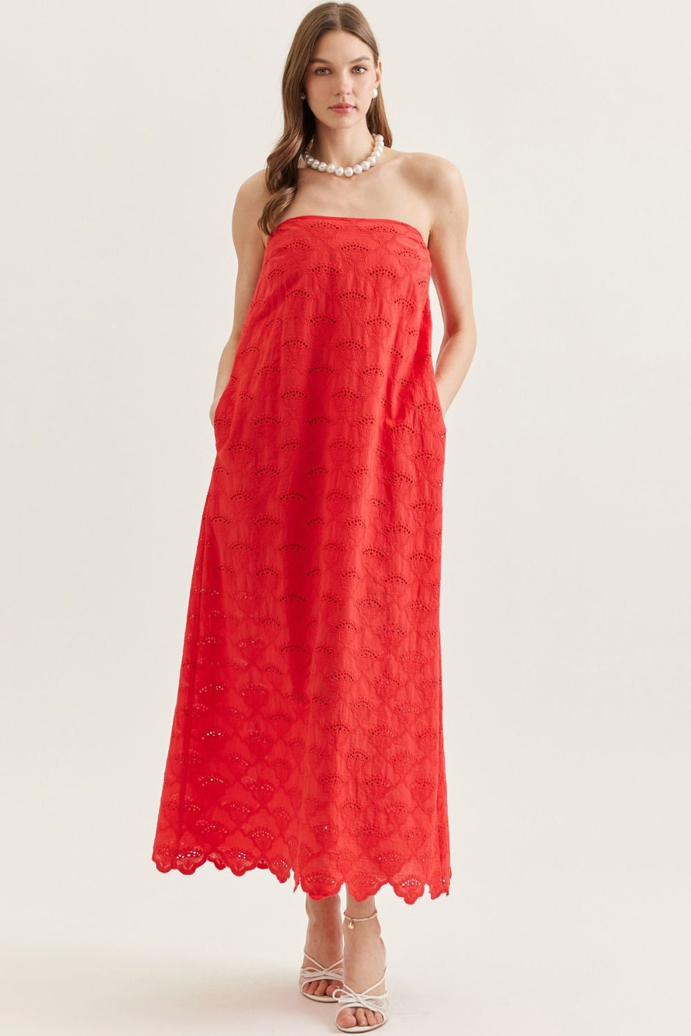 Solid Strapless Lace Dress in Red FINAL SALE MEDIUM / Red