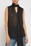 Sheer Stripe Tie Neck Blouse in Black