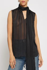 Sheer Stripe Tie Neck Blouse in Black
