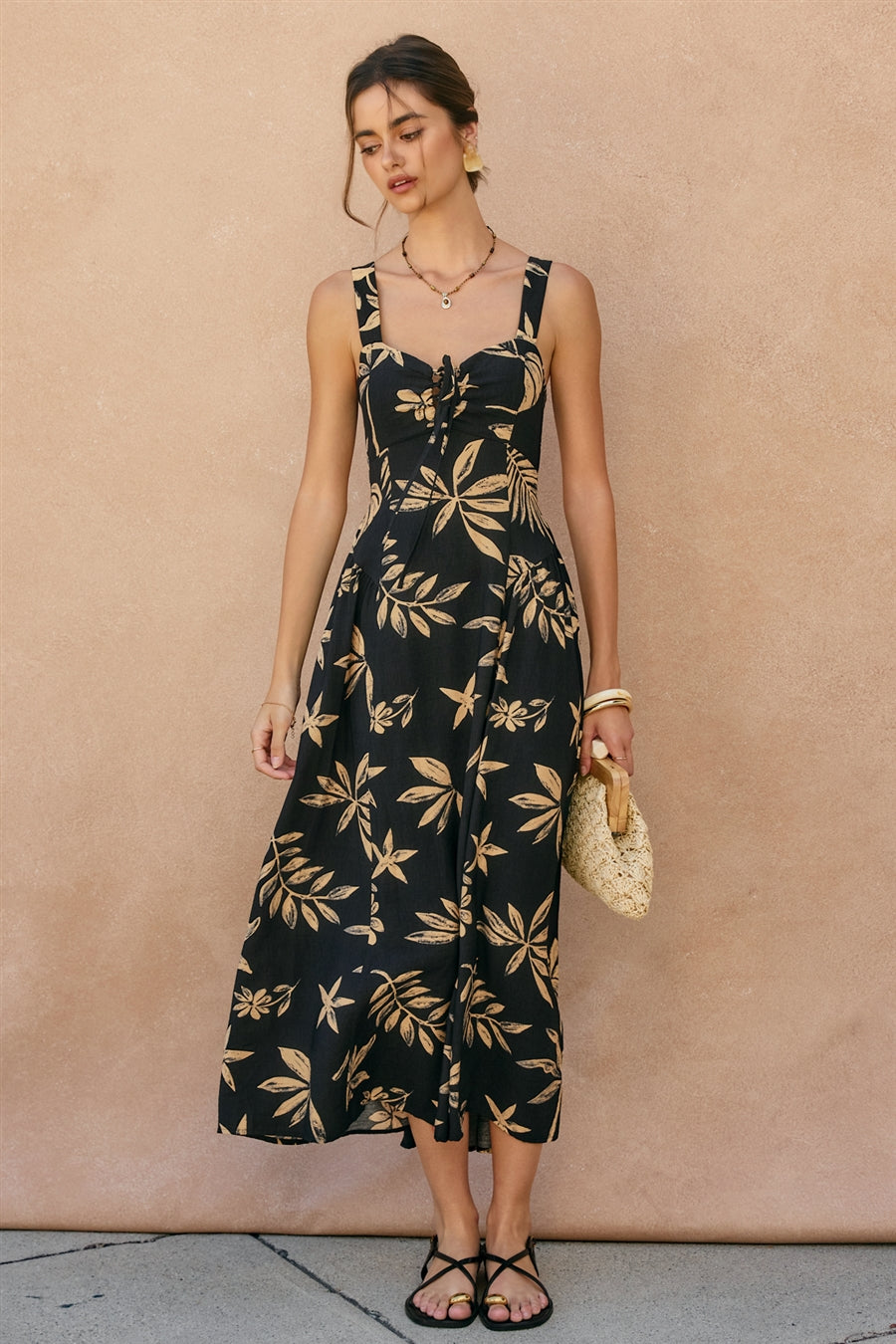 Nile Tropical Leaf Knotted Midi Dress