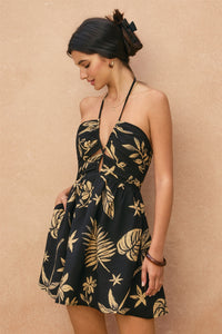 Negroni Tropical Leaf Ruched Halter Mini Dress