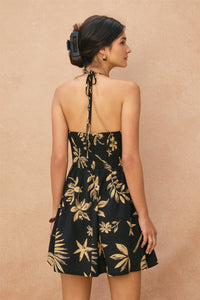 Negroni Tropical Leaf Ruched Halter Mini Dress