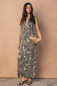 Jade Tropical Leaf Halter Maxi Dress