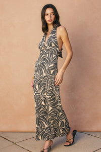 Jade Tropical Leaf Halter Maxi Dress