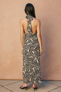 Jade Tropical Leaf Halter Maxi Dress