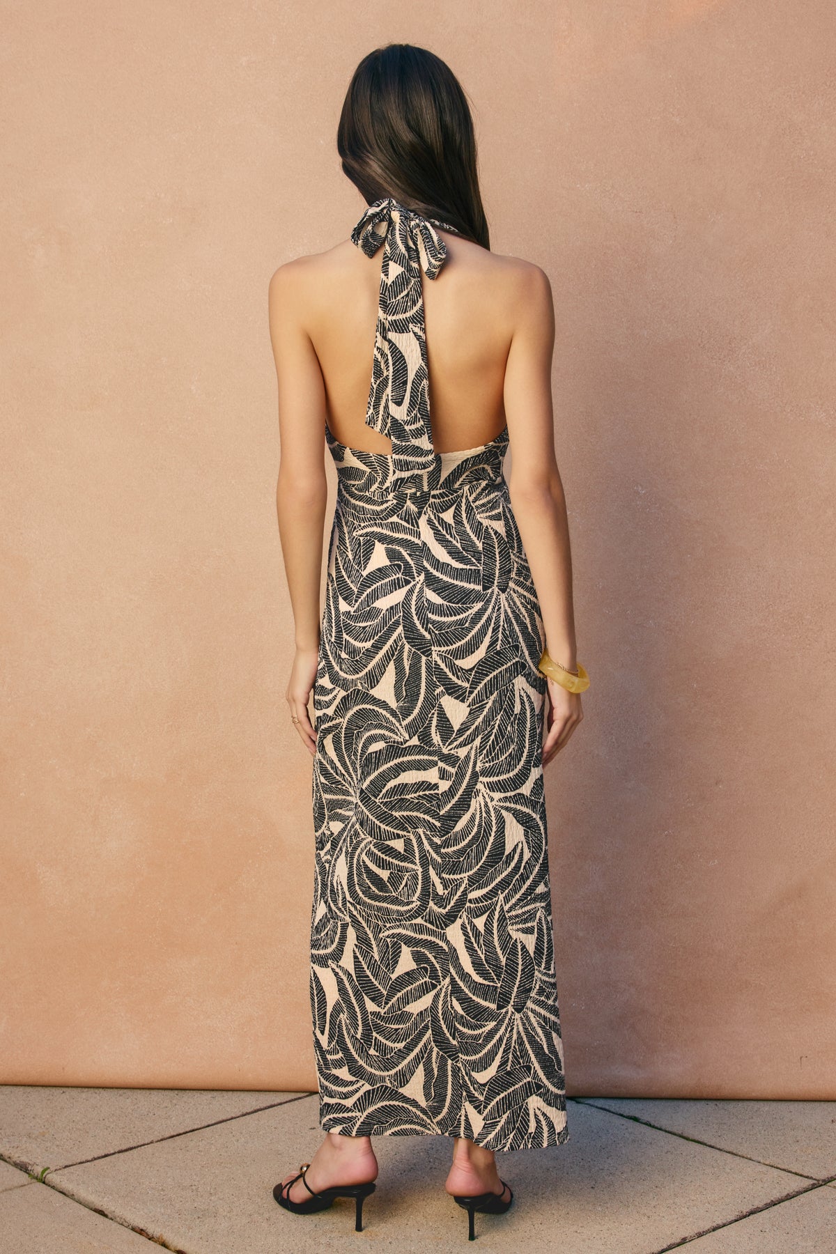 Jade Tropical Leaf Halter Maxi Dress