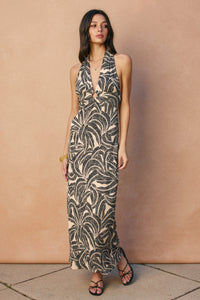Jade Tropical Leaf Halter Maxi Dress