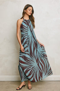 Isadora Abstract Print Beaded Halter Maxi Dress