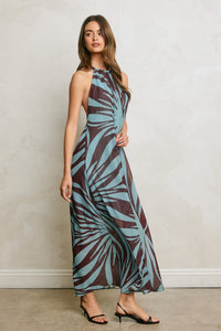 Isadora Abstract Print Beaded Halter Maxi Dress