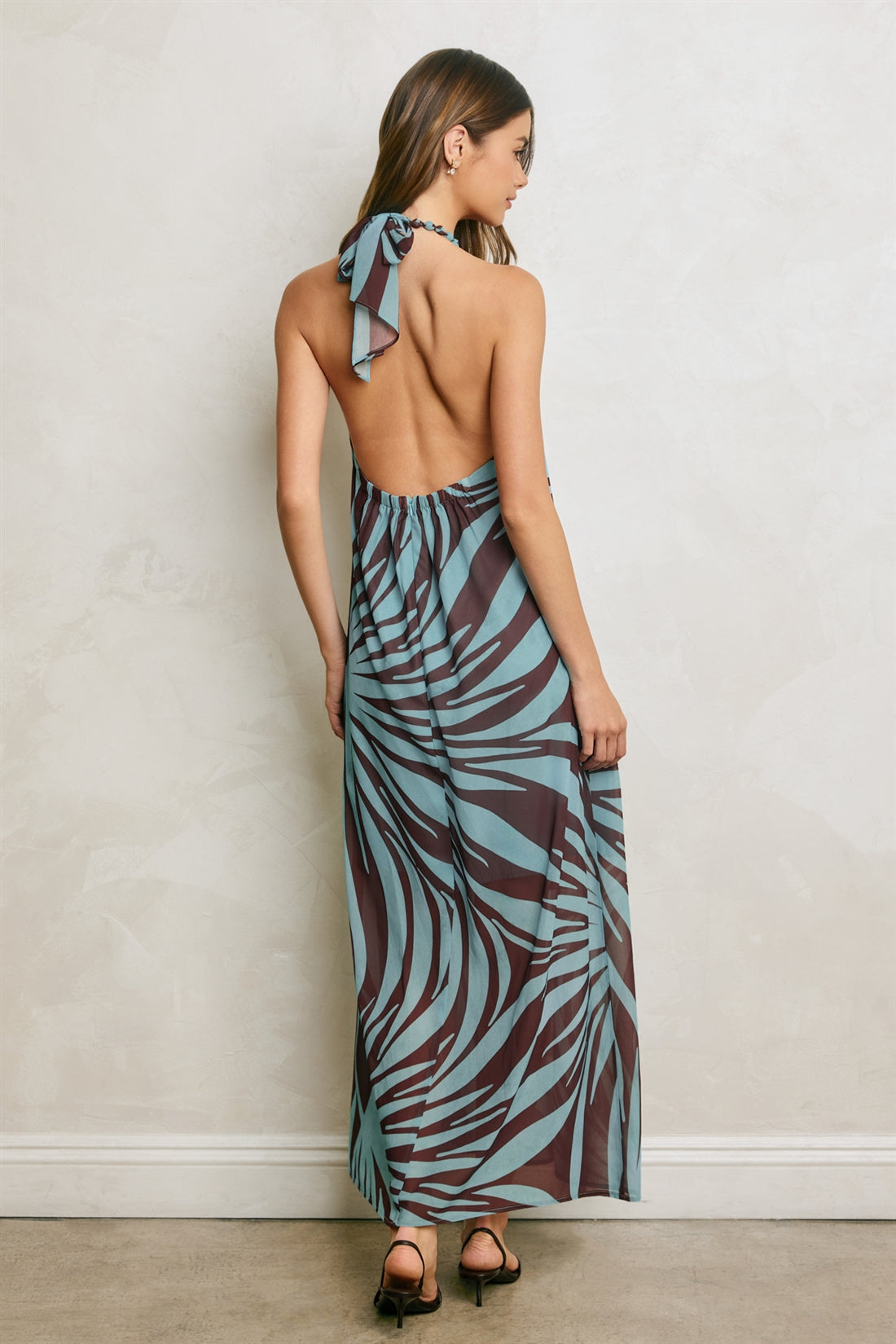 Isadora Abstract Print Beaded Halter Maxi Dress