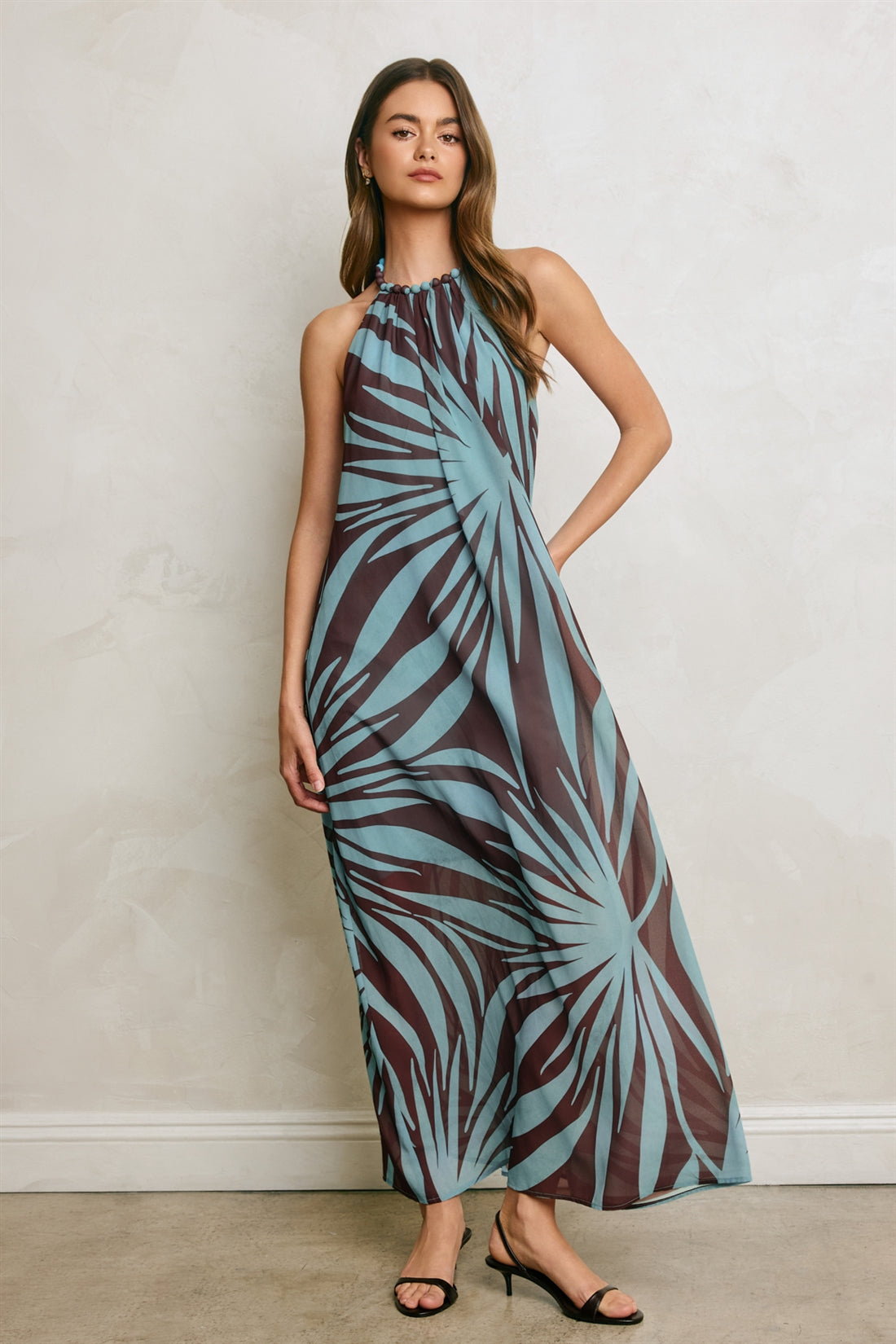 Isadora Abstract Print Beaded Halter Maxi Dress