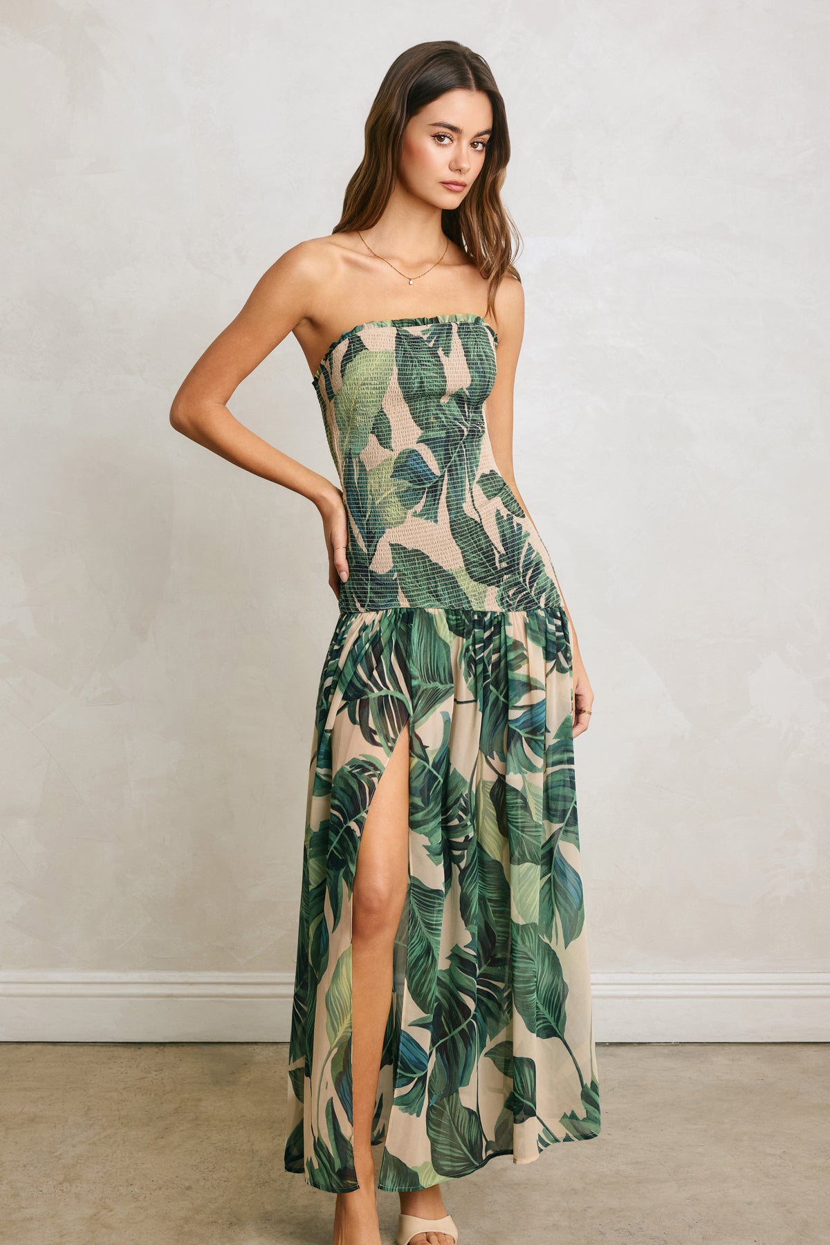 Oasis Tropical Leaf Strapless Smocked Maxi Dress