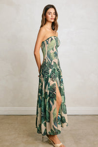 Oasis Tropical Leaf Strapless Smocked Maxi Dress