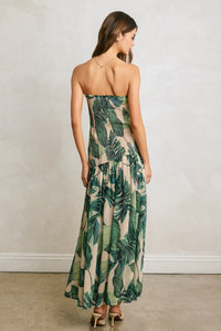 Oasis Tropical Leaf Strapless Smocked Maxi Dress