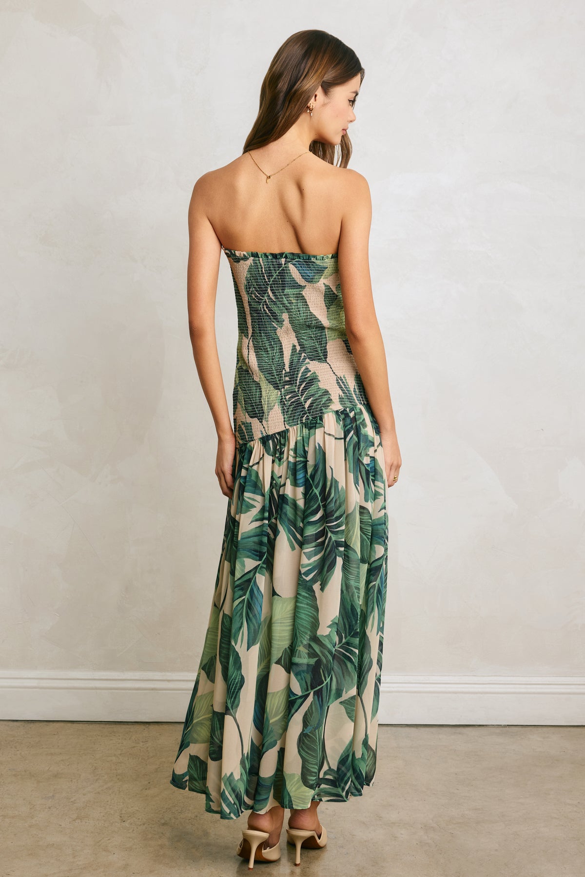 Oasis Tropical Leaf Strapless Smocked Maxi Dress