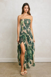 Oasis Tropical Leaf Strapless Smocked Maxi Dress