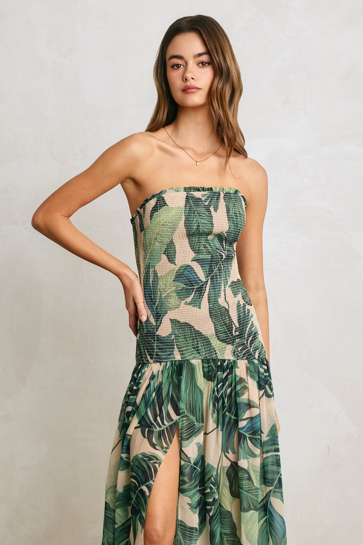 Oasis Tropical Leaf Strapless Smocked Maxi Dress