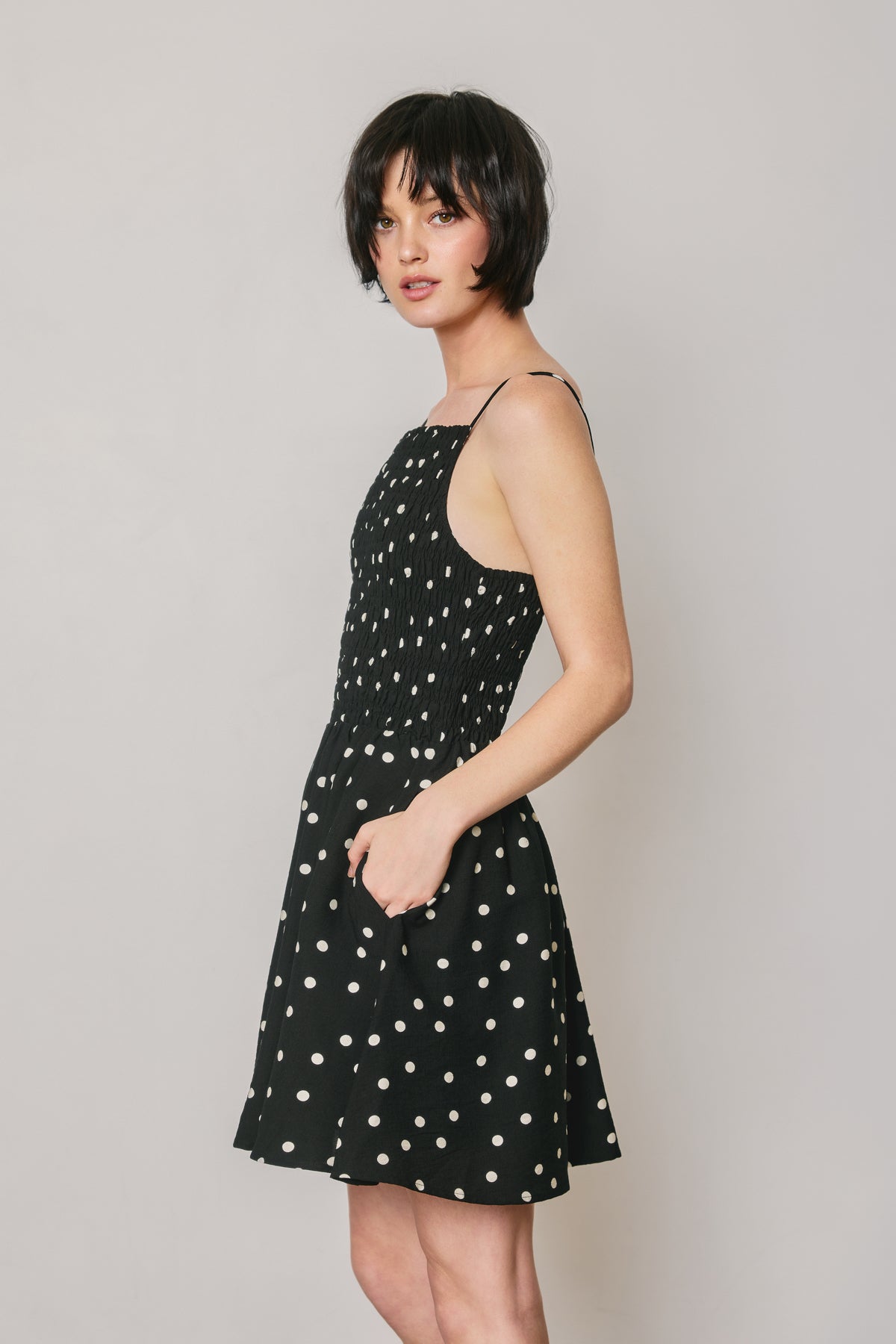 Pin Dot Fit & Flare Smocked Mini Dress