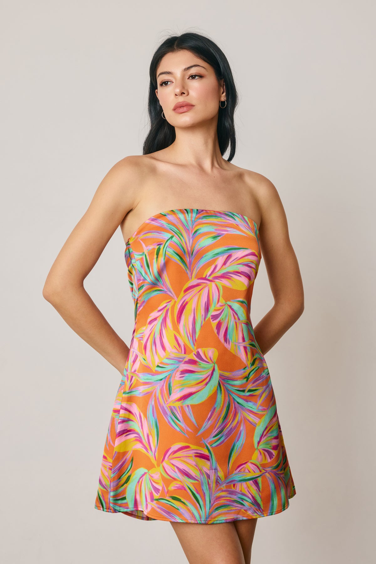Tropical Leaf Strapless Mini Dress