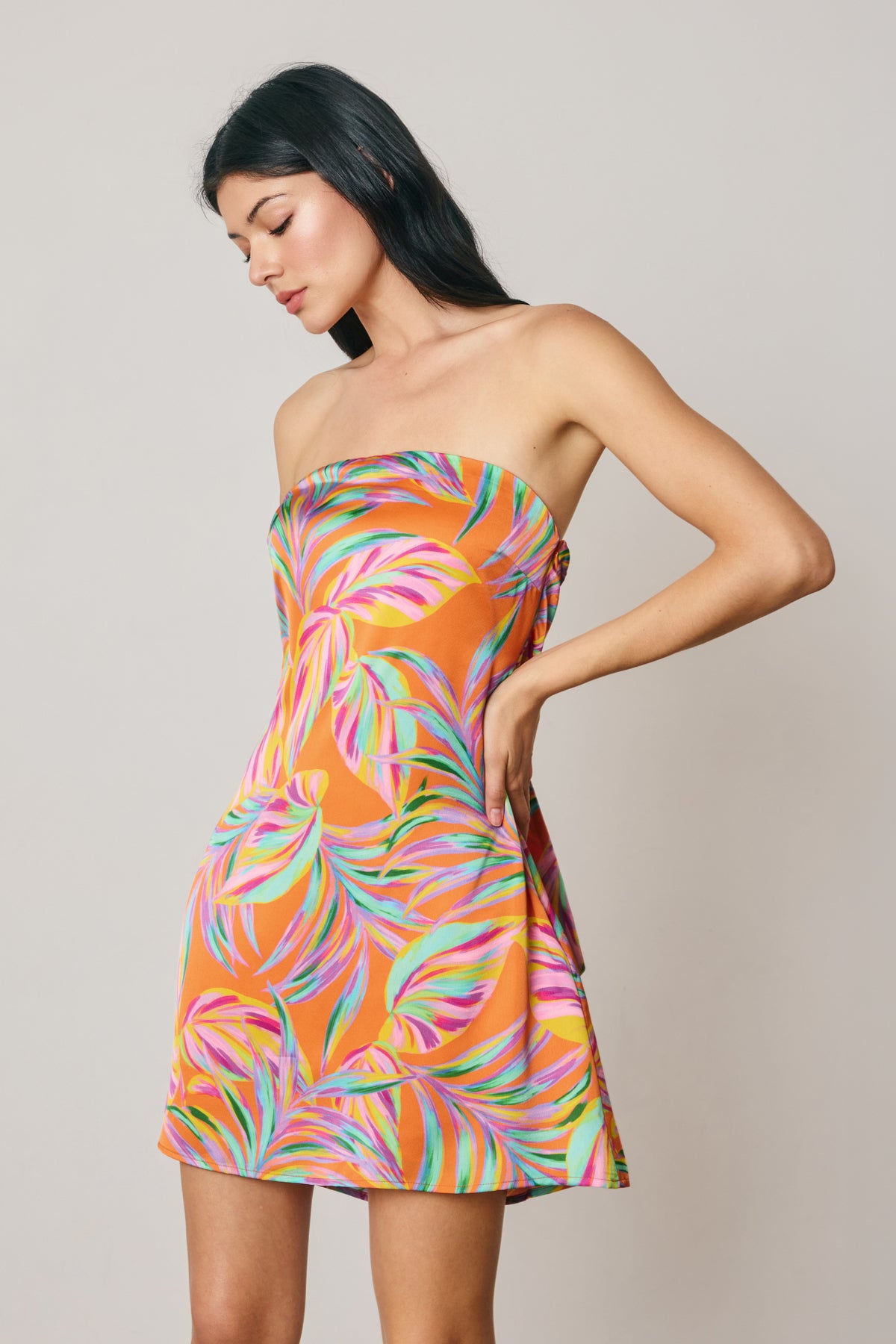 Tropical Leaf Strapless Mini Dress