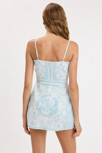 Mosaic Tile Border Print Mini Dress in Light Blue