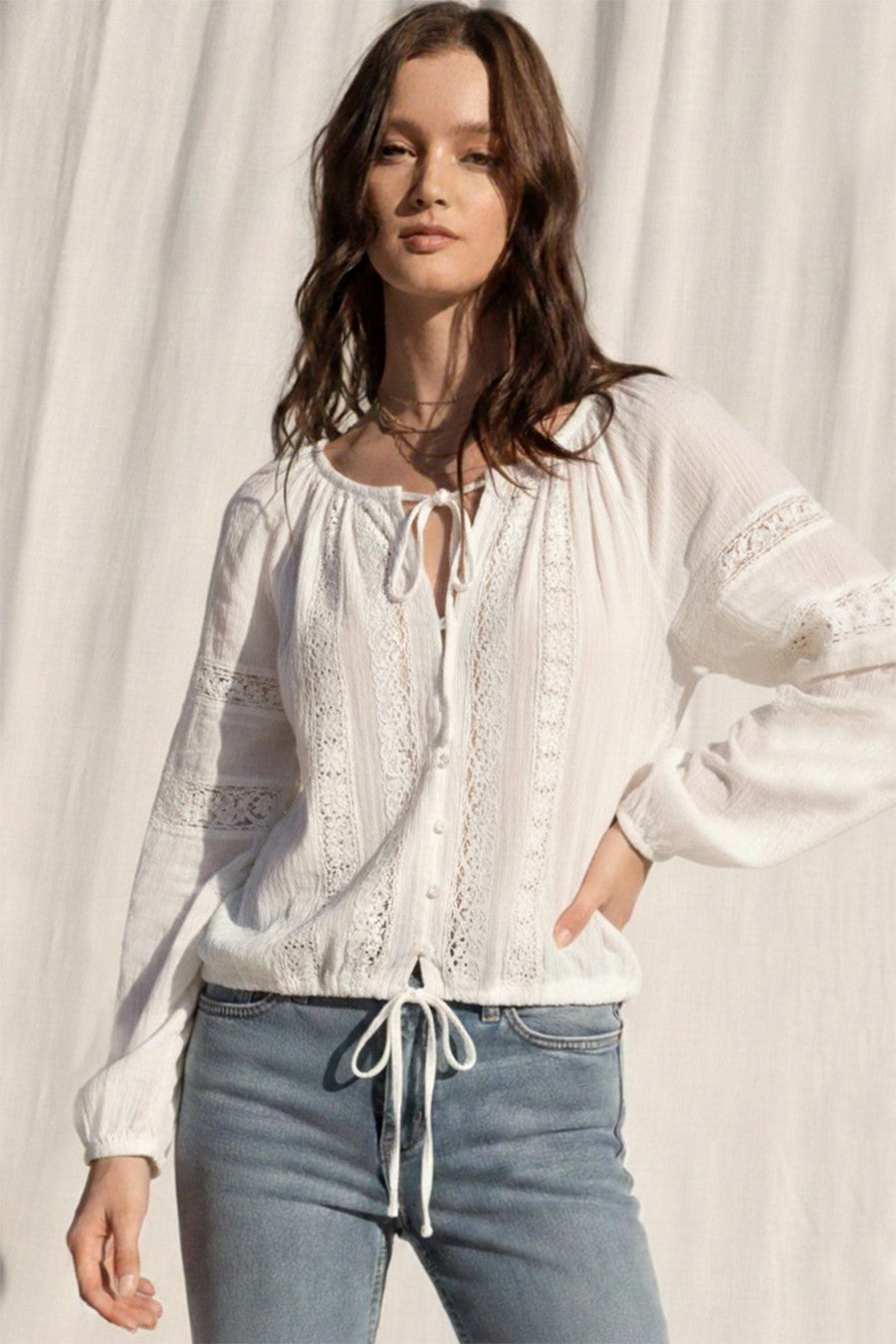 Nicolette Lace Trim Tie Neck Button Down Top