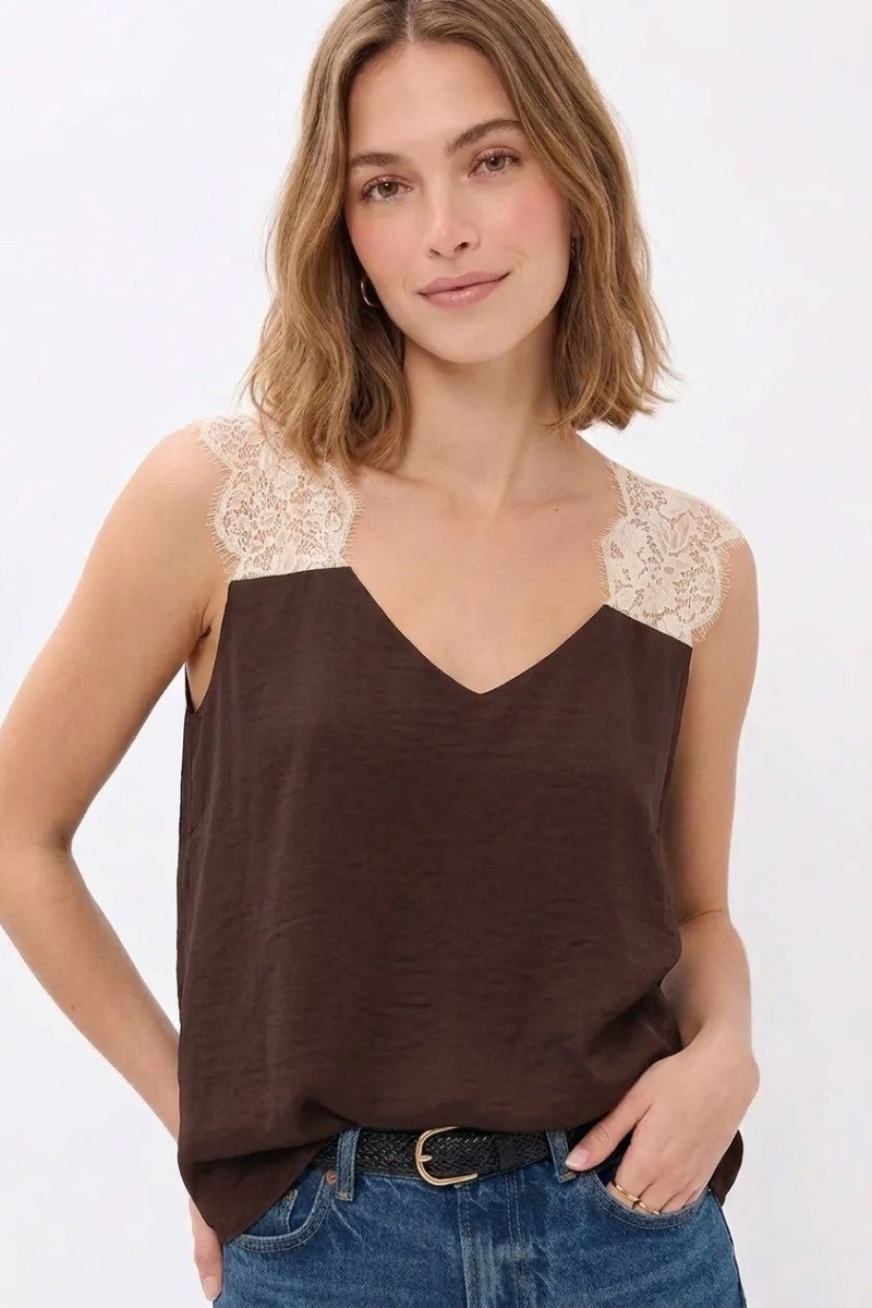 Daphne Lace Shoulder Satin Tank in Chocolate