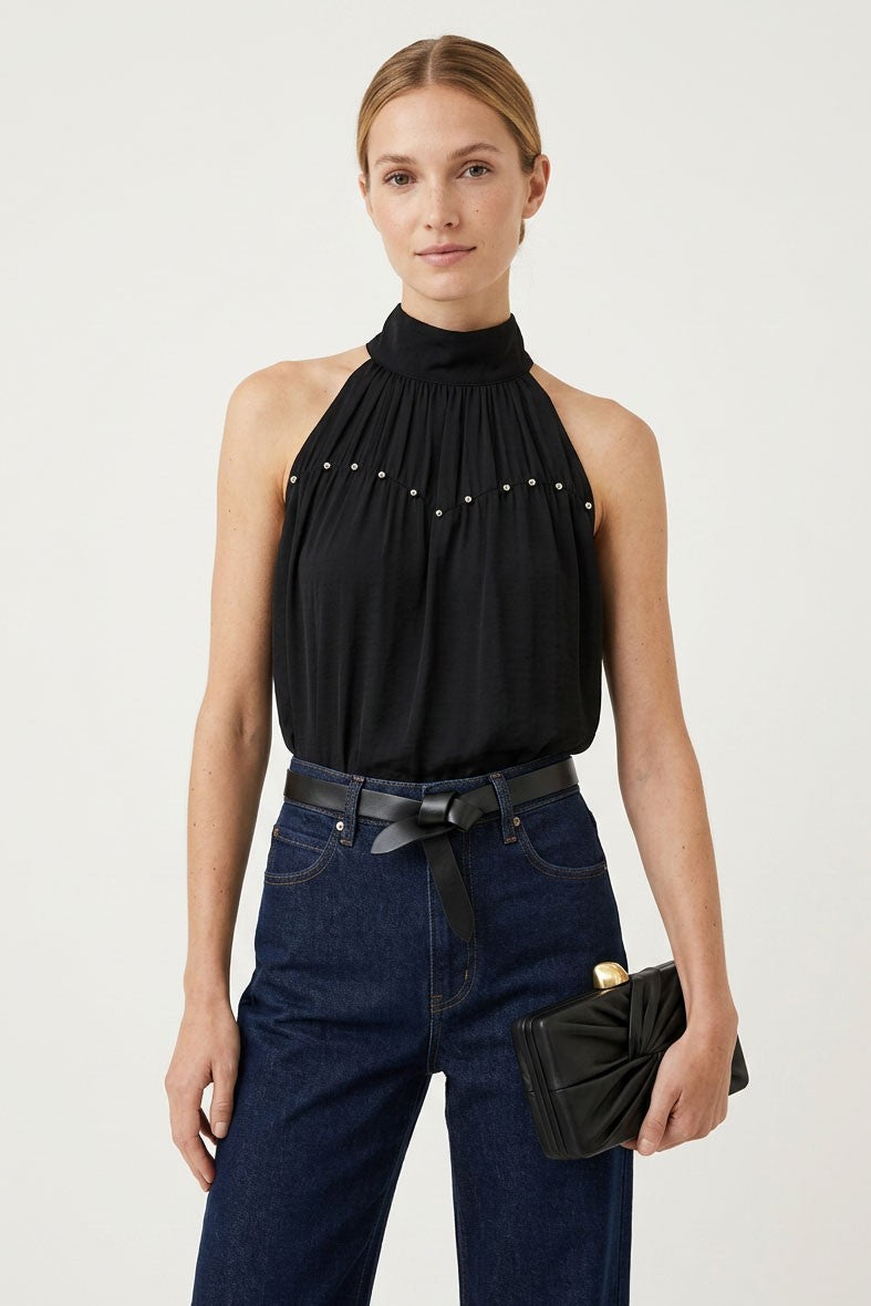 Solange High Neck Stud Detail Satin Top in Black