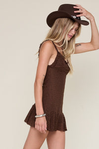 Chocolate Embroidered Elastic Lace Strap Mini Dress