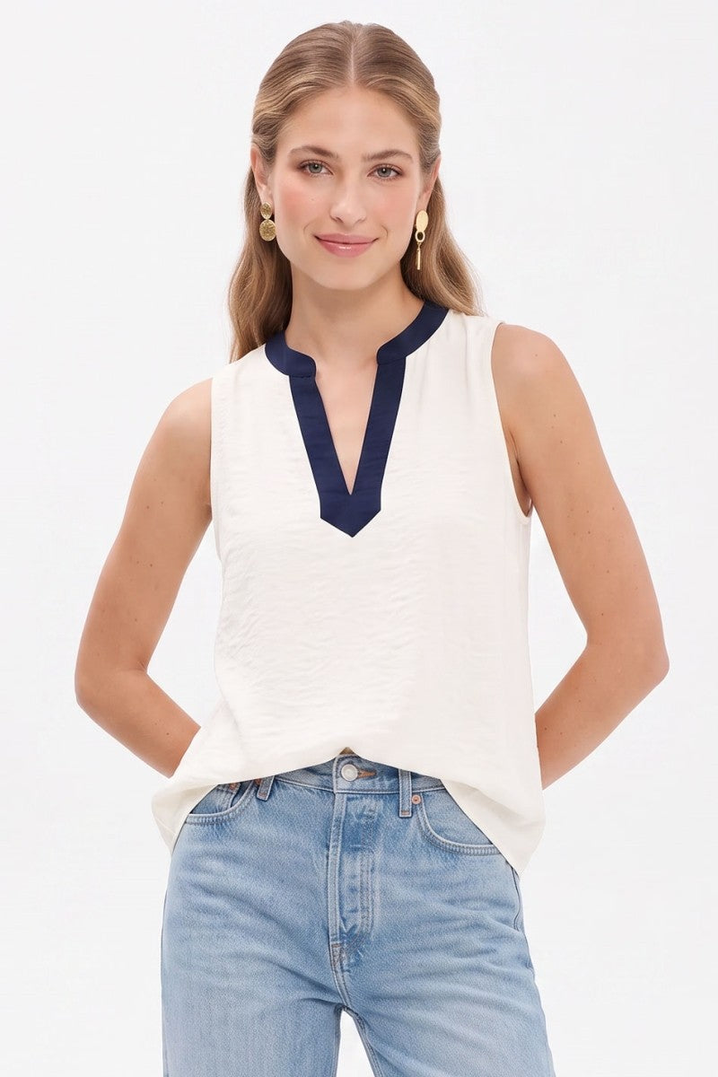 Reese Contrast Trim Split Neck Sleeveless Top in Ivory