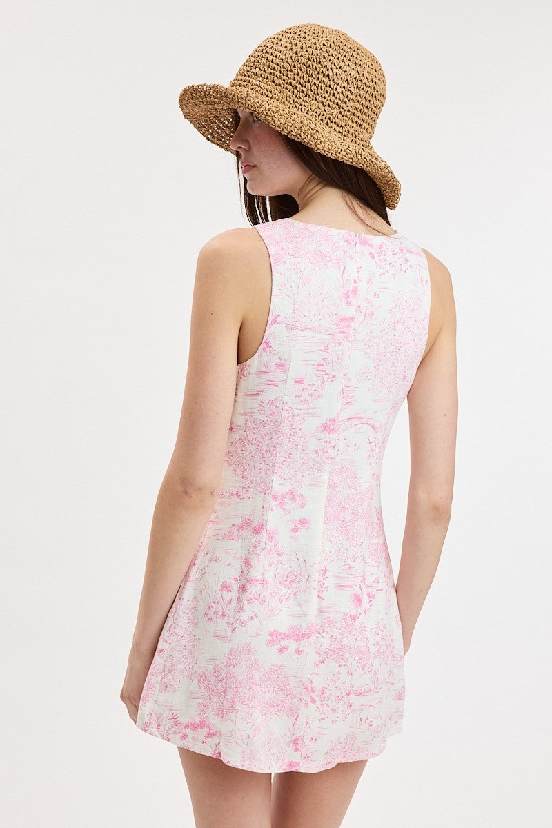 Pastel Print Boat Neck Micro Mini in Pink