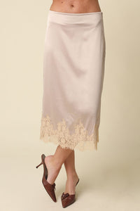 Simone Lace Trim Satin Midi Skirt in Champagne