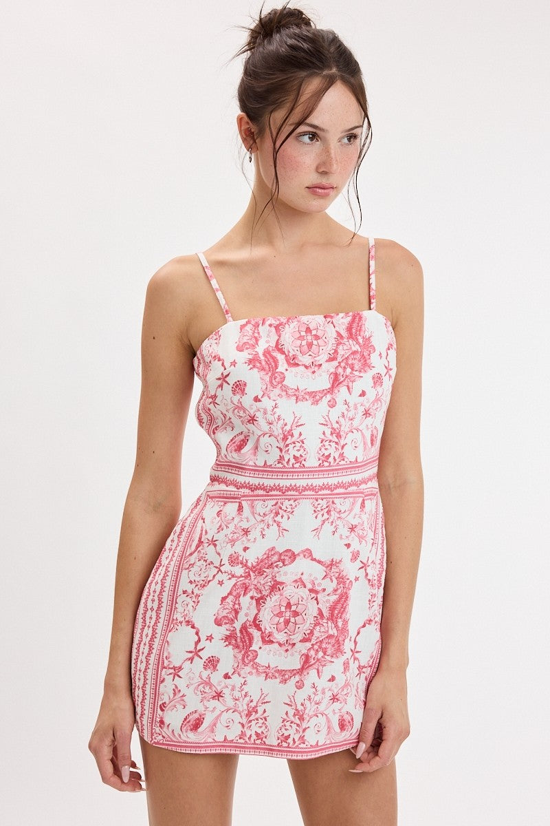 Mosaic Tile Border Print Mini Dress in Red