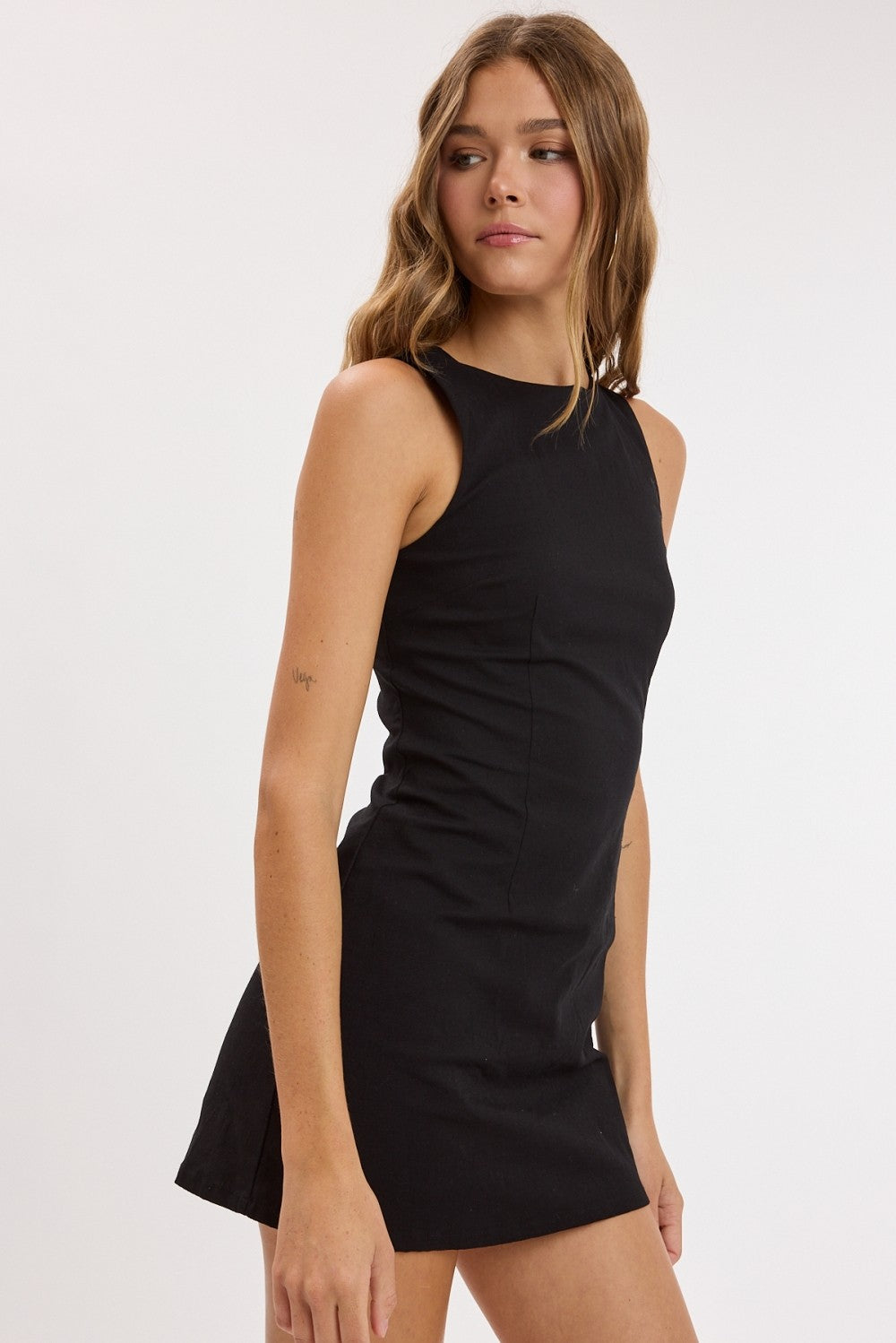 Everyday Chic Boat Neck Mini Dress in Black