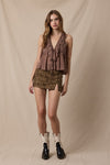Sheer Solid Color Double Ties Lace Ruffle Top in Mocha