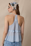 Sheer Solid Color Double Ties Lace Ruffle Top in Light Blue
