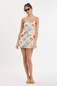 Citrus Pop Fruit Tile Round Neck Mini Dress