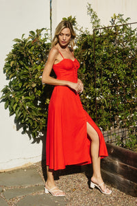 Sweetheart Corset Button Front Midi Dress in Red