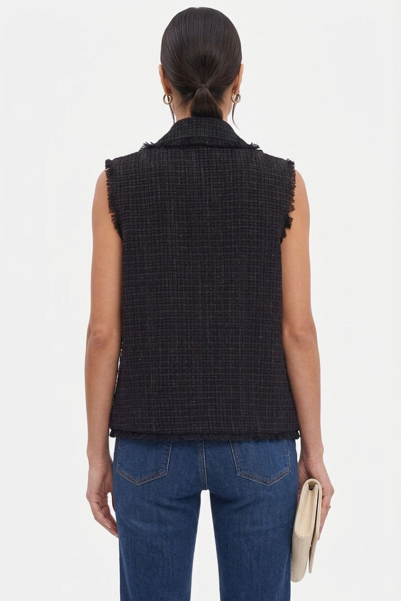 Frayed Tweed Zip Front Vest in Black