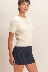 Wren Crew Neck Short Sleeve Knit Top in Cream — side view showing crew neckline and soft textured knit