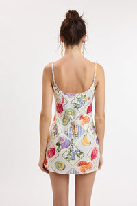 Citrus Pop Fruit Tile Round Neck Mini Dress