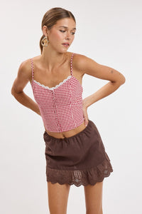 Celeste Lace Trim Linen Mini Skort in Brown