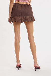 Celeste Lace Trim Linen Mini Skort in Brown